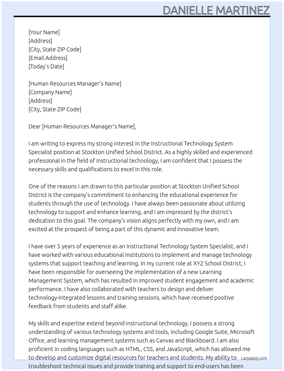 Instructional Technology System Specialist  At Stockton Unified School District Cover Letter