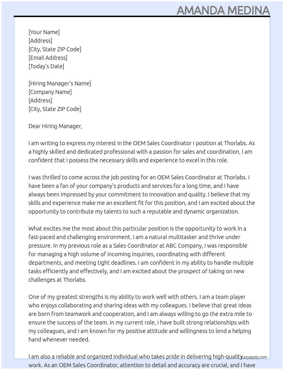 OEM Sales Coordinator I At Thorlabs Cover Letter
