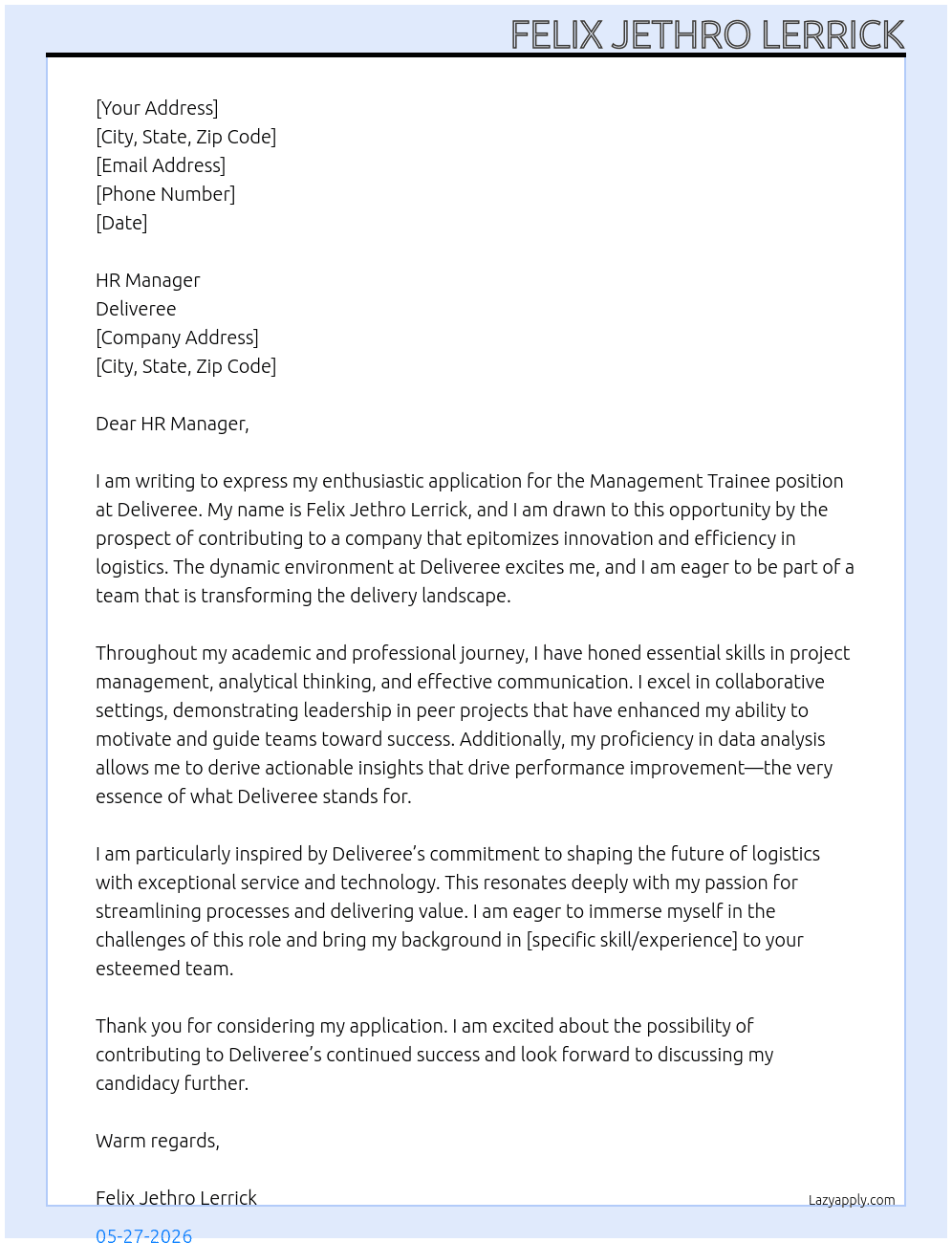 Management Trainee At Deliveree Cover Letter