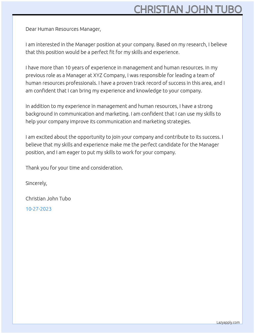 Manager At Human Resources manager Cover Letter