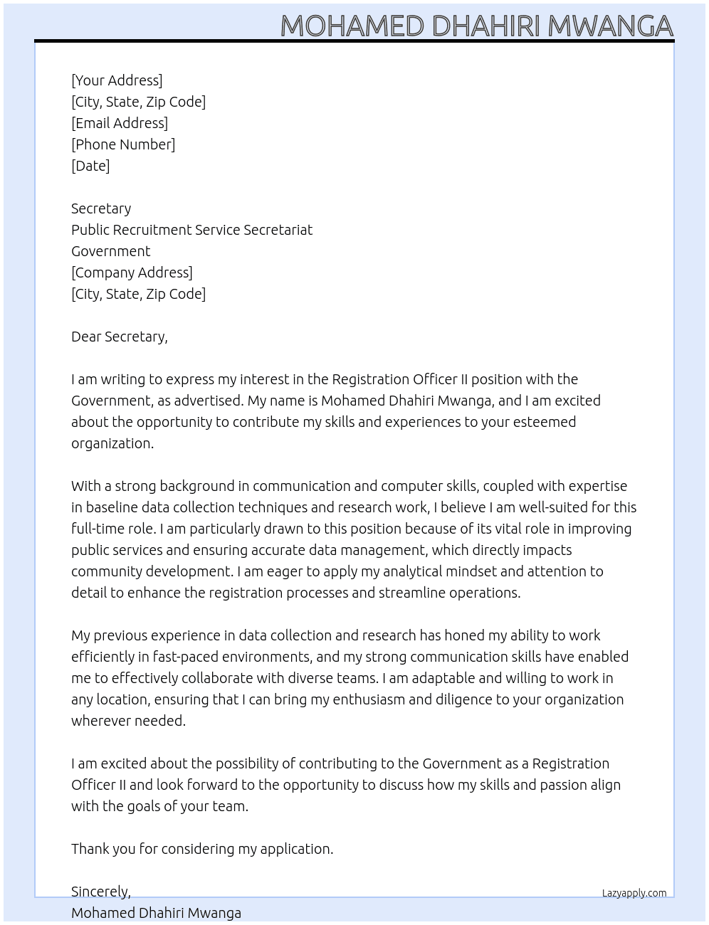 REGISTRATION OFFICER II At Goverment Cover Letter