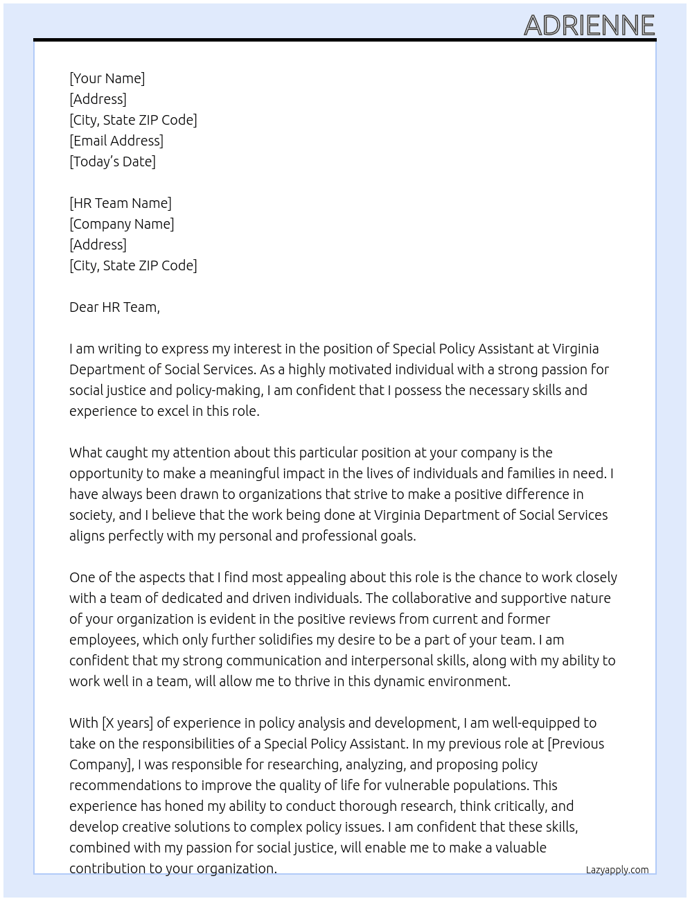 Special Policy Assistant  At Virginia Department of Social Services  Cover Letter