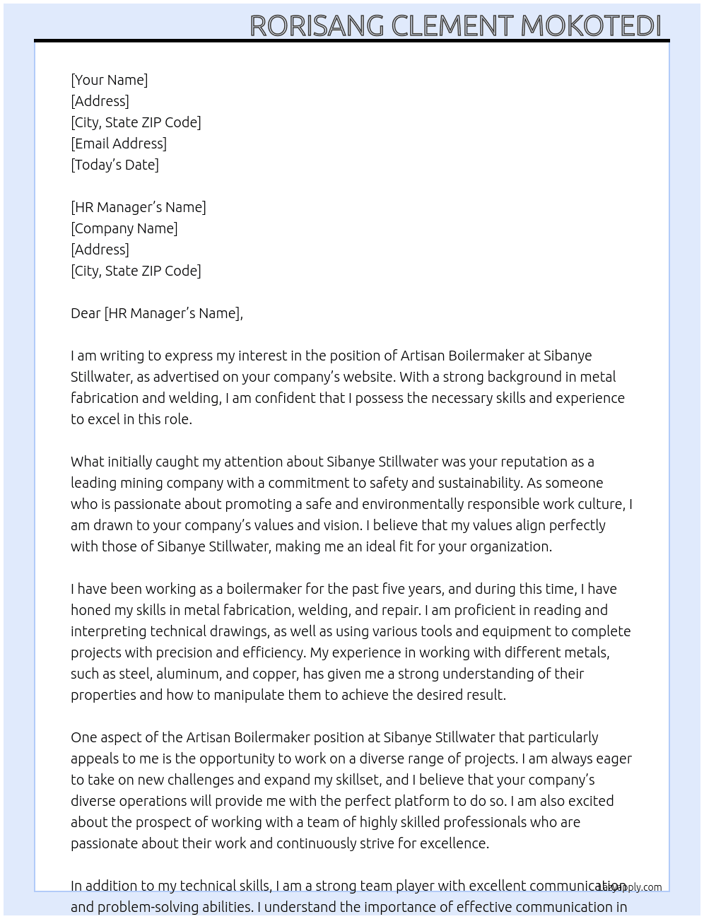 Cover letter for artisan boilermaker - LazyApply