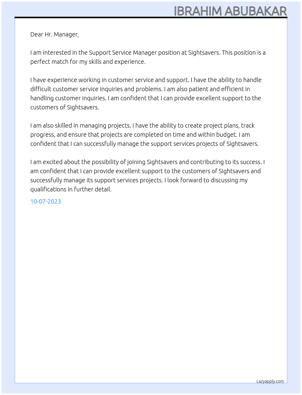 Support Service Manager At Sightsavers Cover Letter