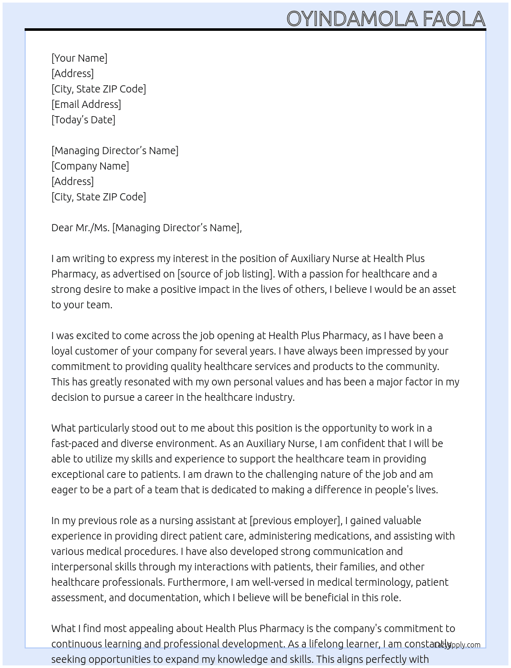 Auxiliary nurse At Health plus pharmacy  Cover Letter
