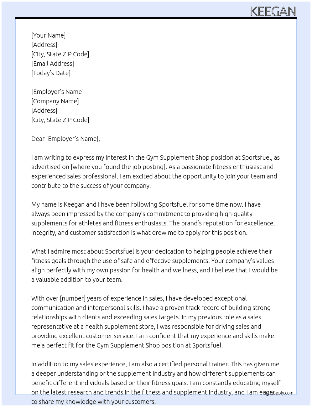 gym supplement shop  At sportsfuel Cover Letter