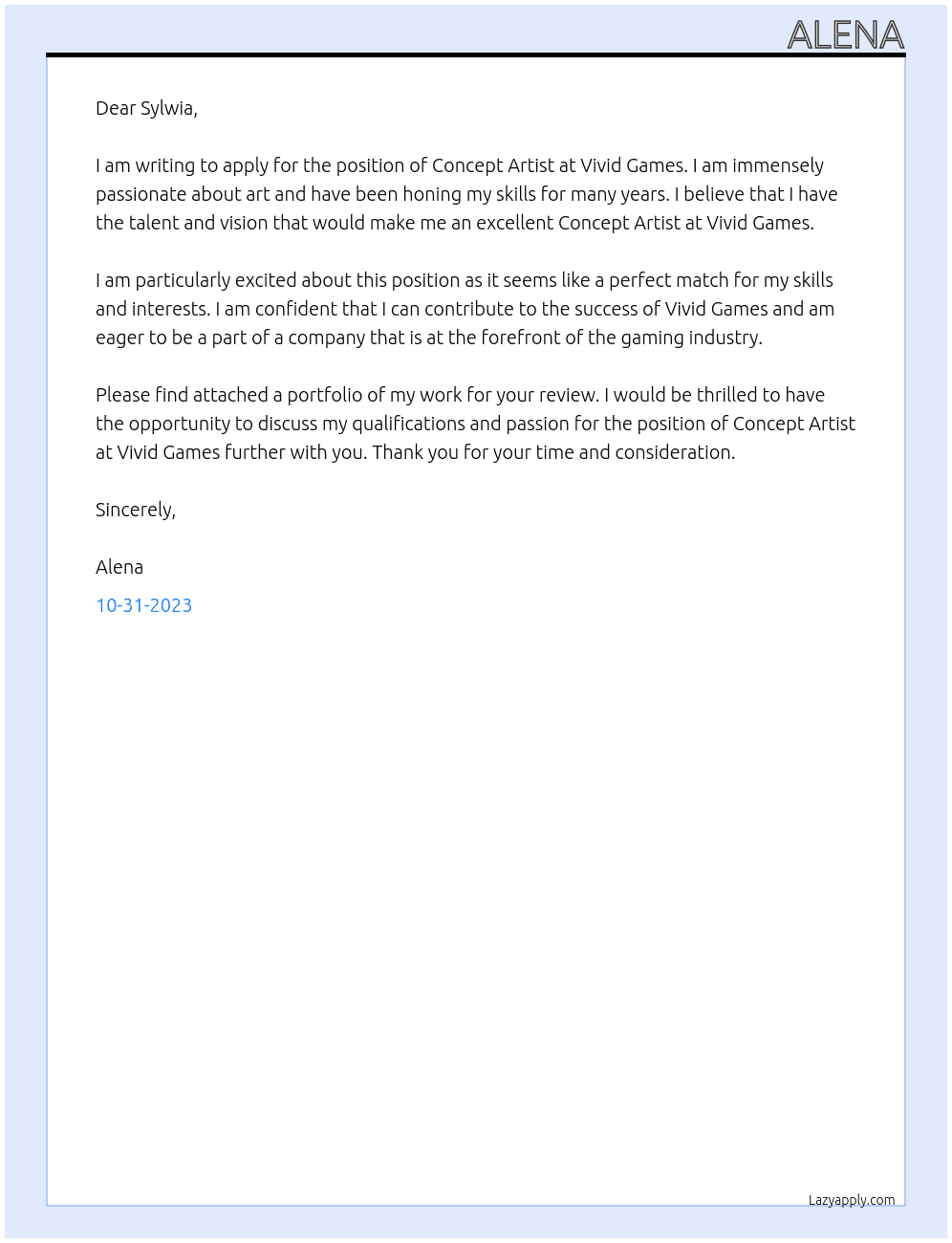 Concept Artist At Vivid Games Cover Letter