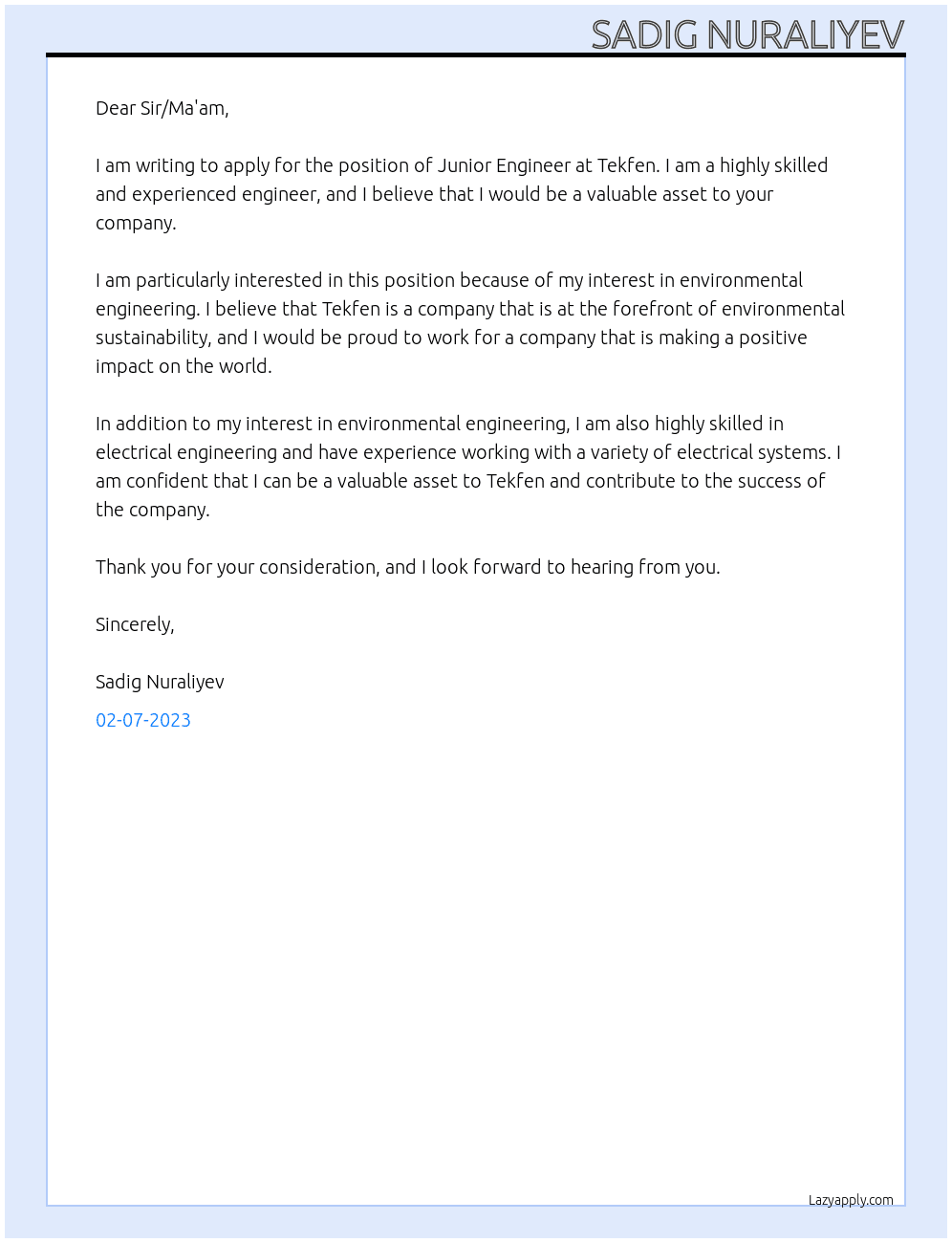 Junior Engineer At Tekfen Cover Letter