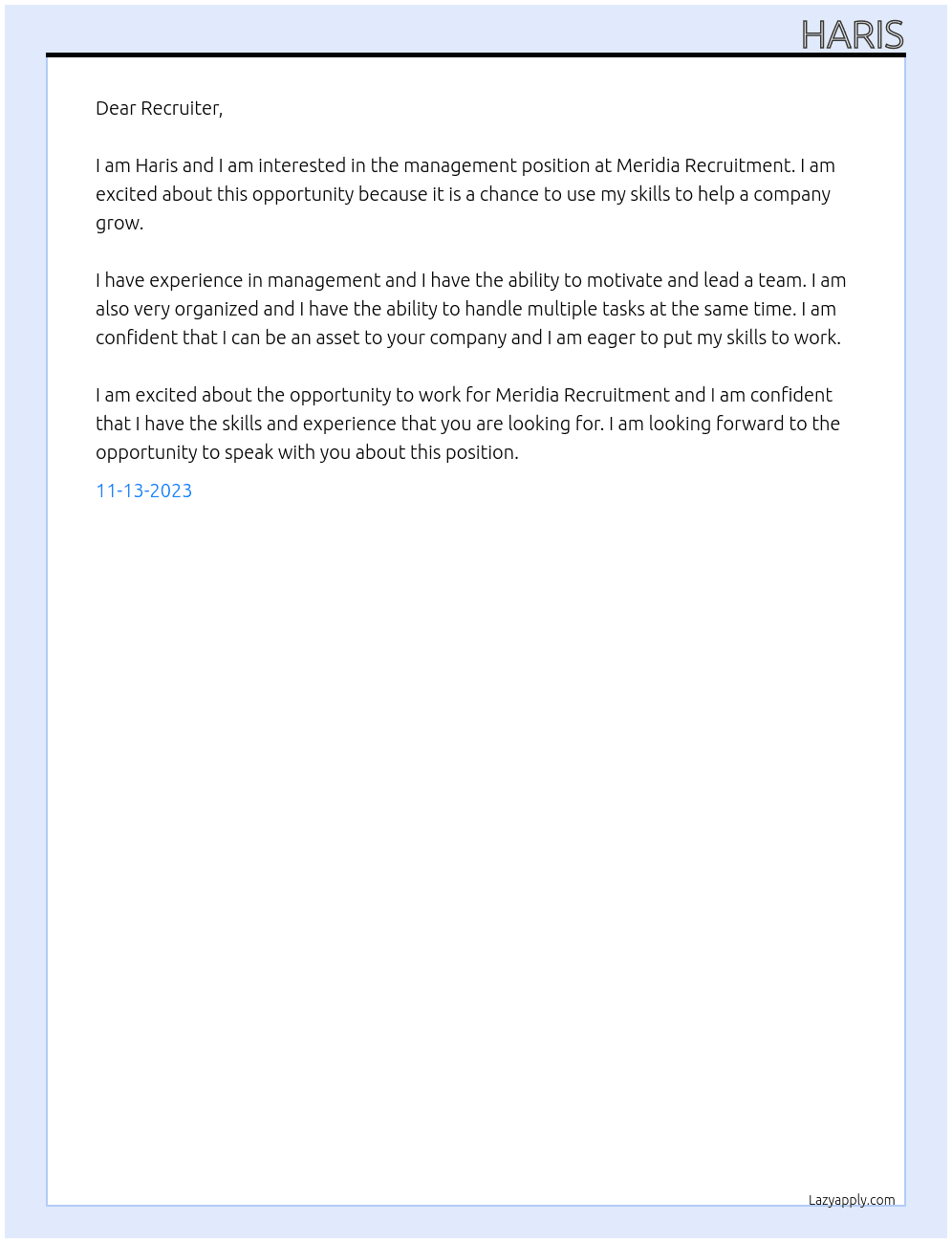 Management At Meridia Recruitment Cover Letter