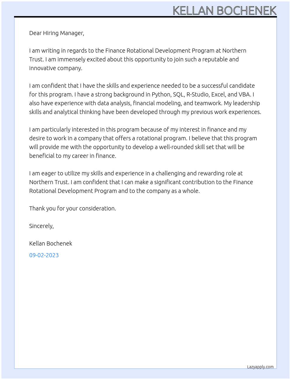 Finance Rotational Development Program At Northern Trust Cover Letter
