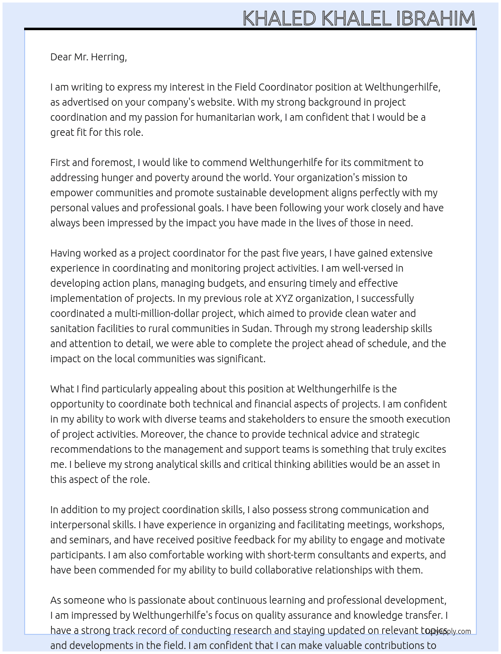 Field Coordinator At Welthungerhilfe Cover Letter