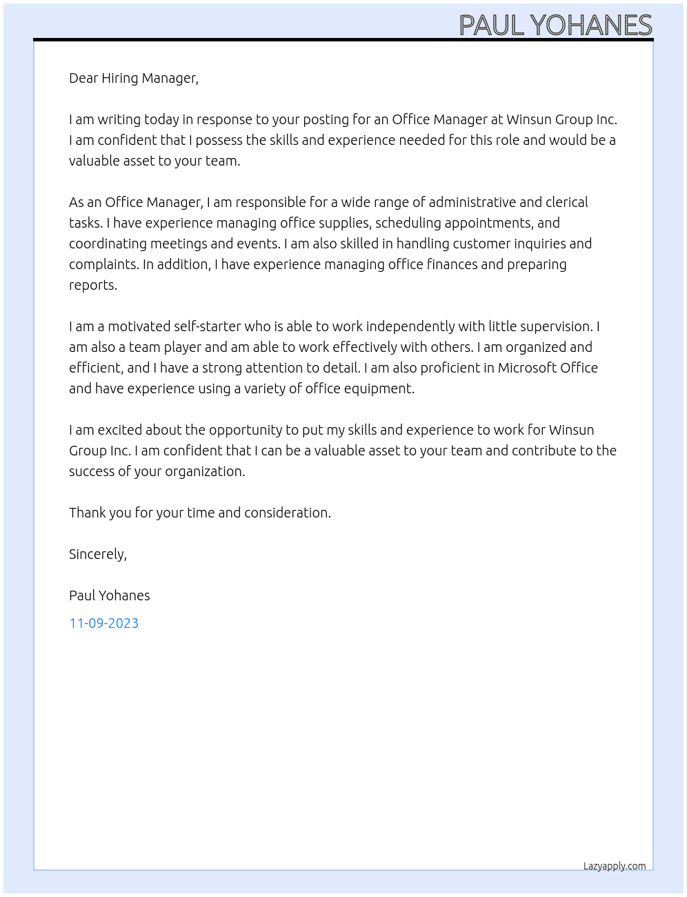 Office Manager At Winsun Group Inc Cover Letter