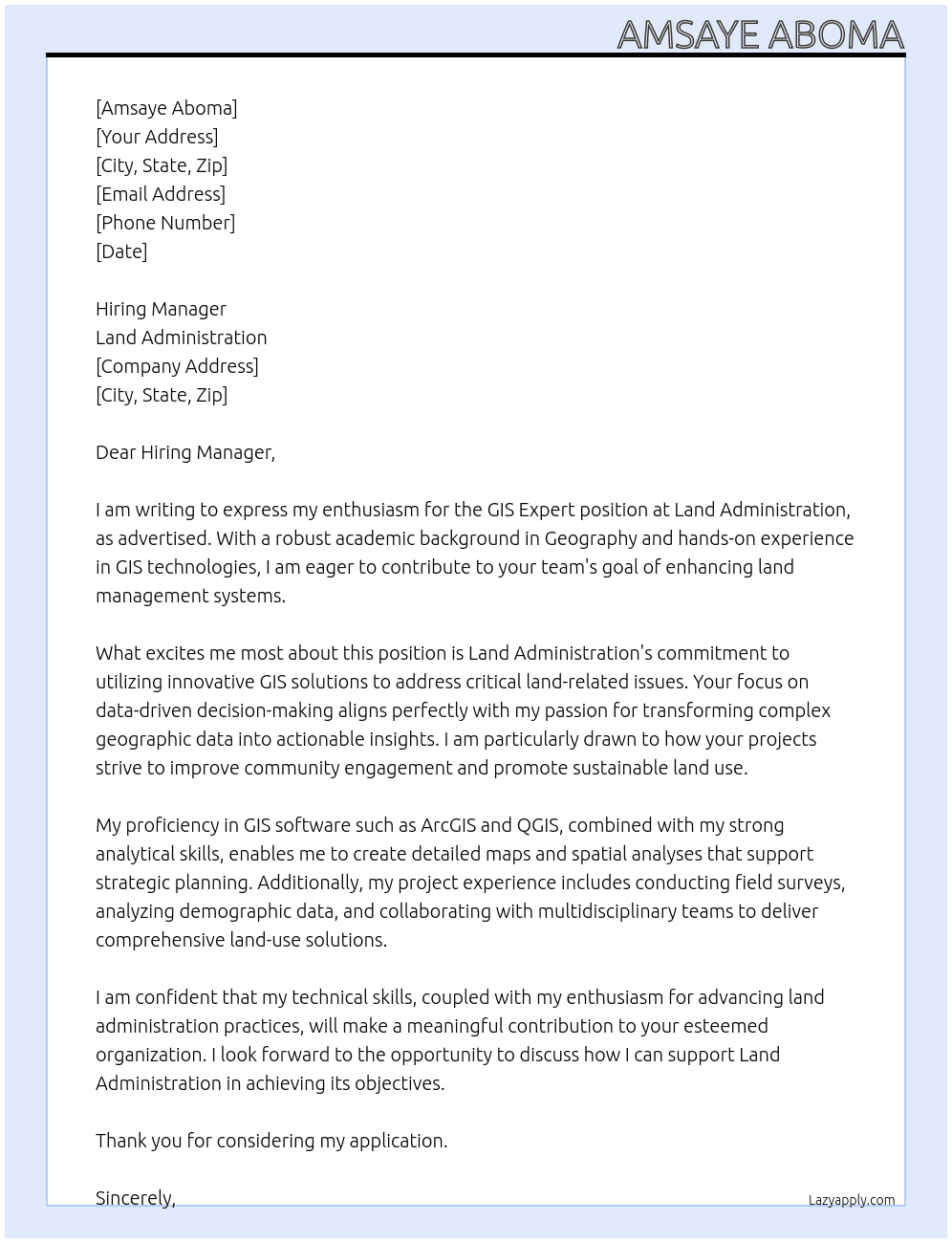 Gis Expert  At Land adminstration  Cover Letter