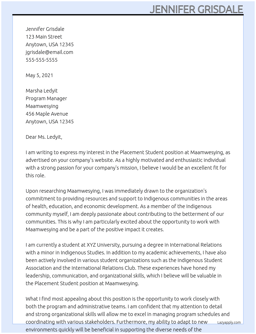 Placement student At Maamwesying Cover Letter