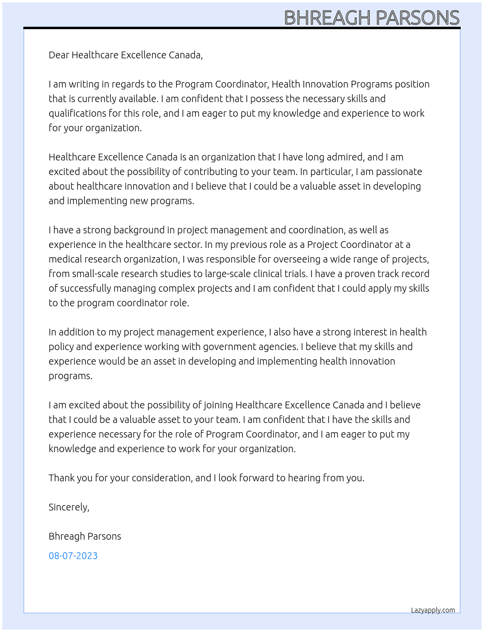 Program Coordinator, Health Innovation Programs At Healthcare Excellence Canada Cover Letter