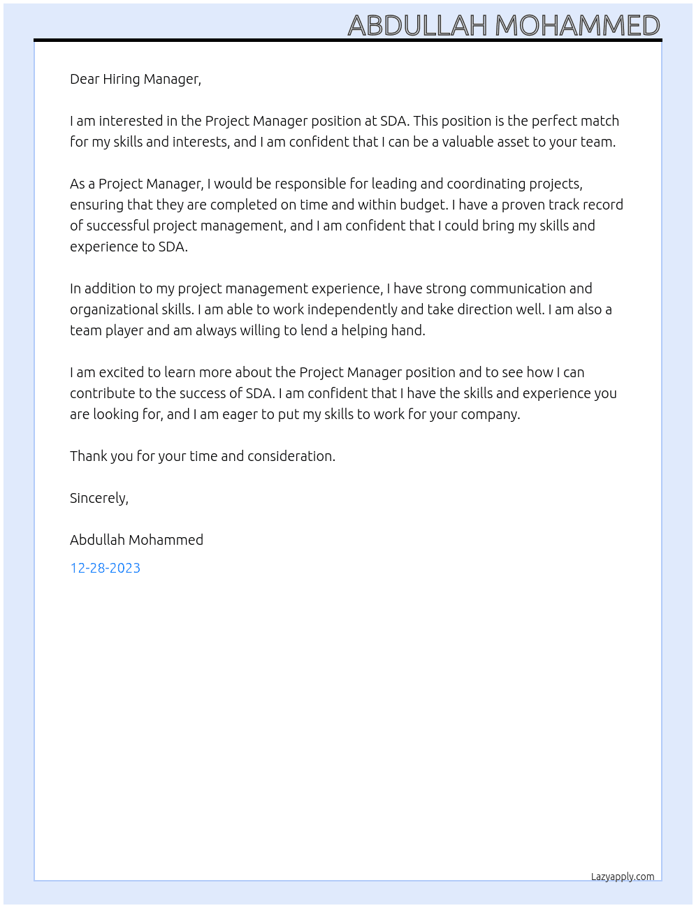 Project Manager At SDA Cover Letter