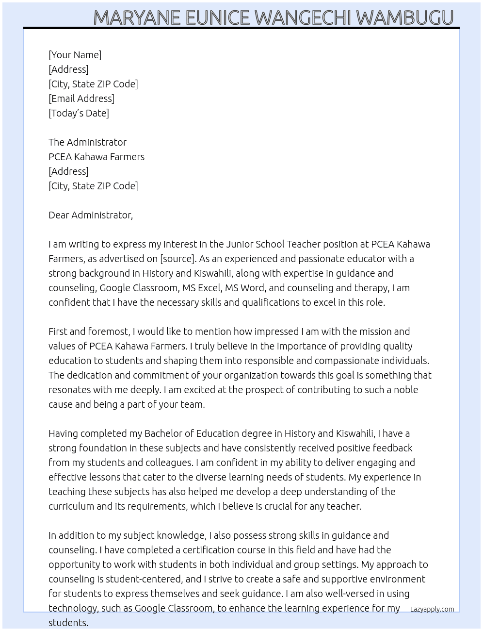 Junior school Teacher At PCEA Kahawa Farmers Cover Letter