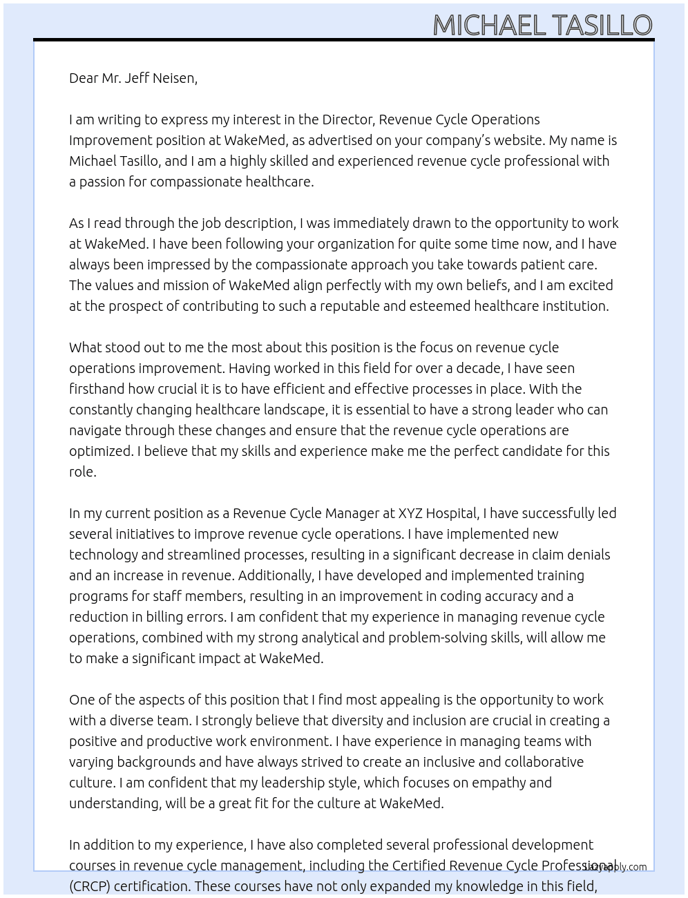 Director, Revenue Cycle Operations Improvement At WakeMed Cover Letter