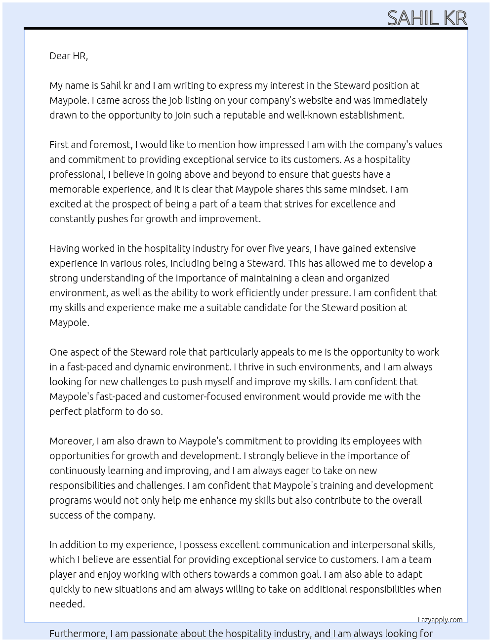 Steward  At Maypole Cover Letter
