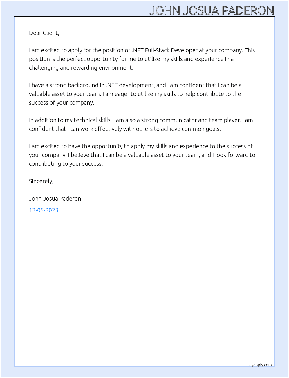.NET Full-Stack Developer At Client Cover Letter