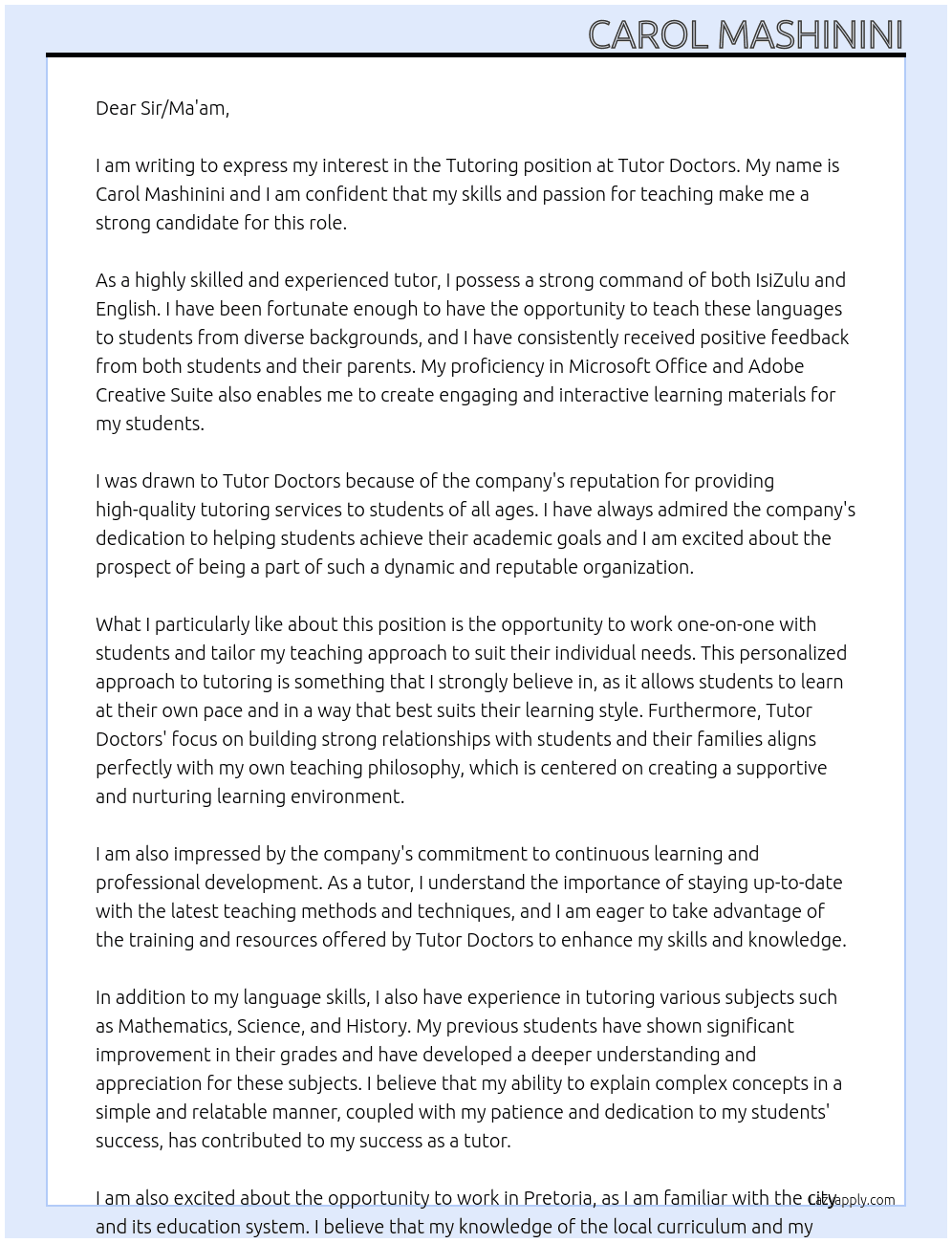 Tutor At Tutor Doctors Cover Letter