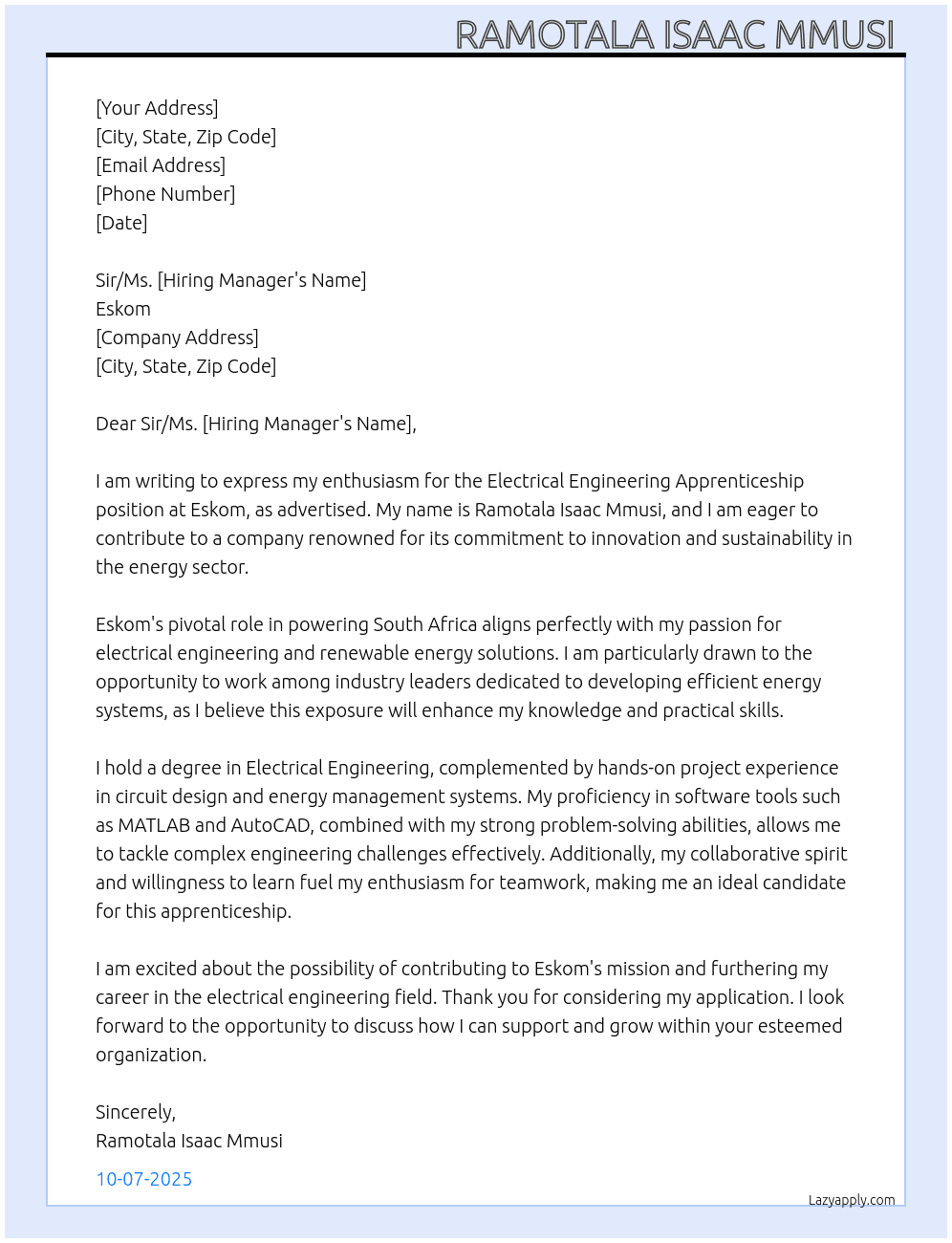 Electrical Engineering Apprenticeship  At Eskom Cover Letter