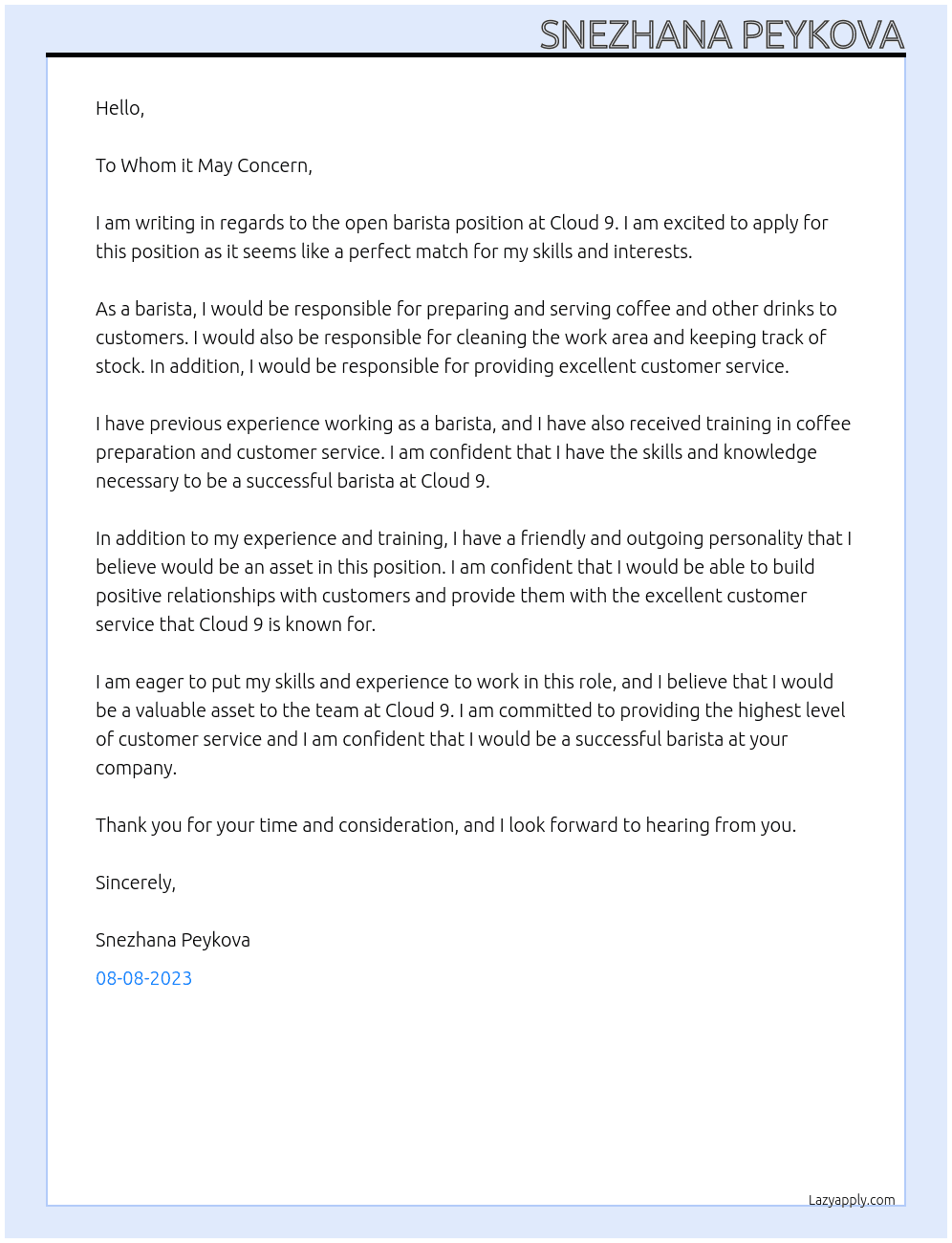 Barista At Cloud 9 Cover Letter
