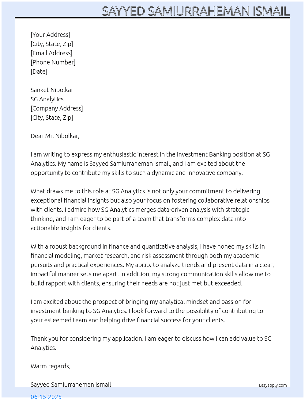 Investment banking At SG Analytics Cover Letter