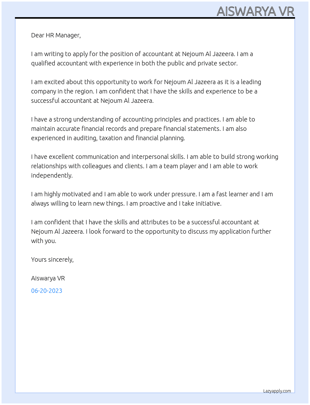 ACCOUNTANT At NEJOUM ALJAZEERA Cover Letter
