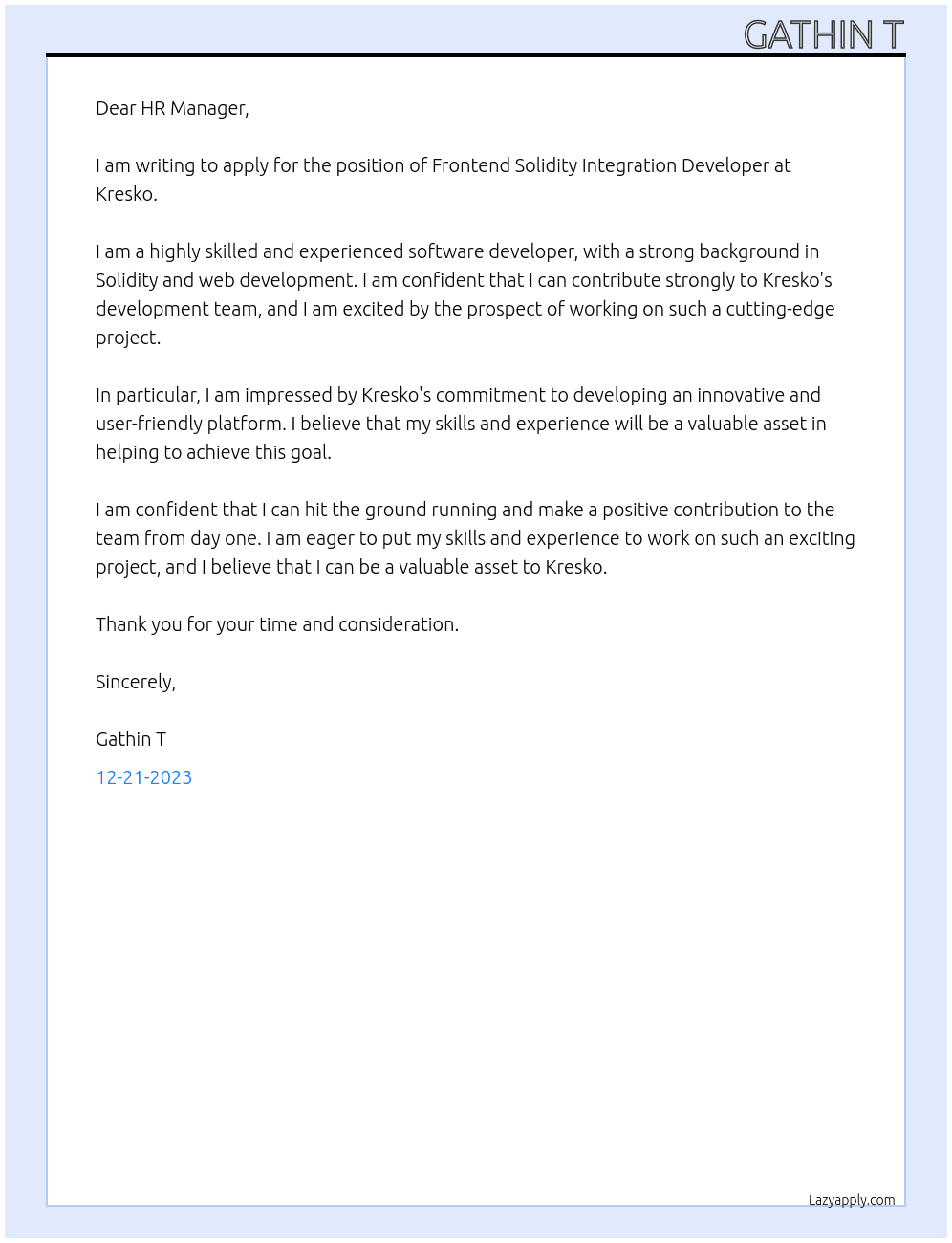 Frontend Solidity Integration Developer At Kresko Cover Letter