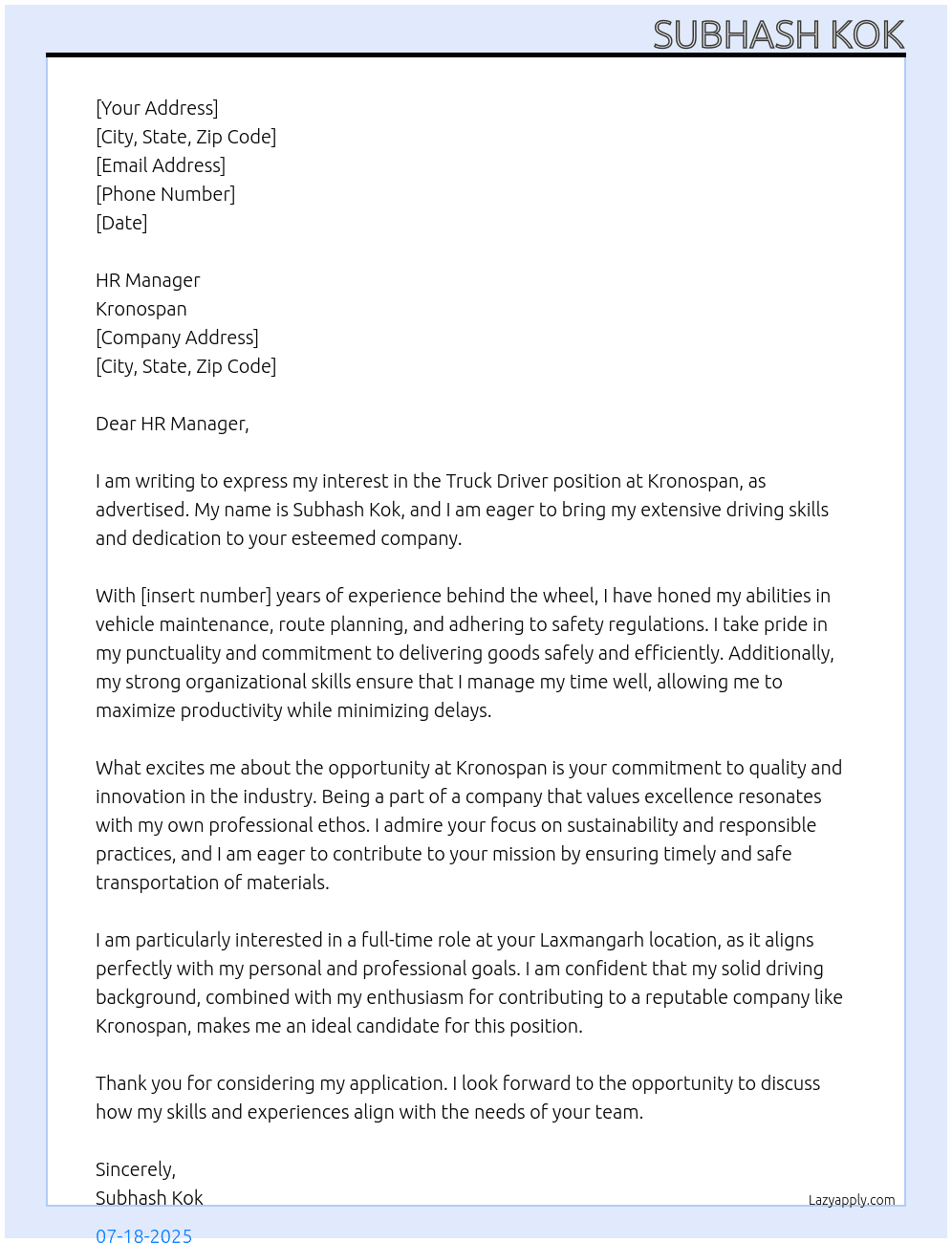 Truck driver  At Kronospan Cover Letter
