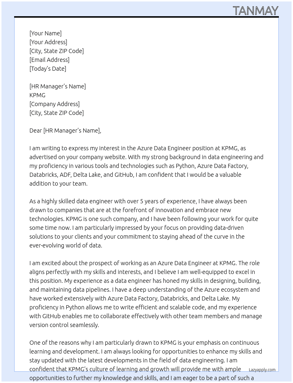 Azure Data Engineer At KPMG Cover Letter