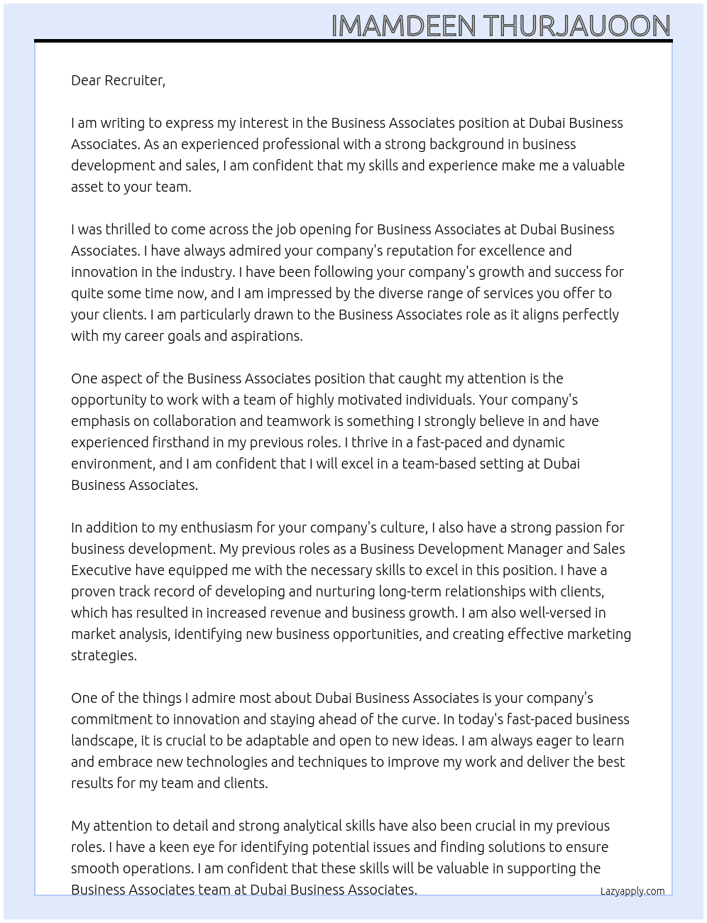 Cover letter for business associates - LazyApply