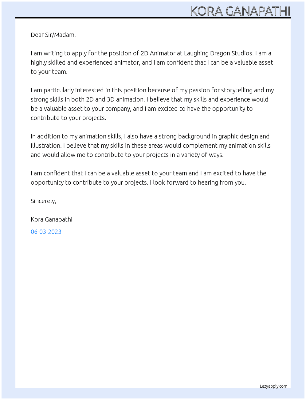 2D ANIMATOR At Laughing dragon studios Cover Letter