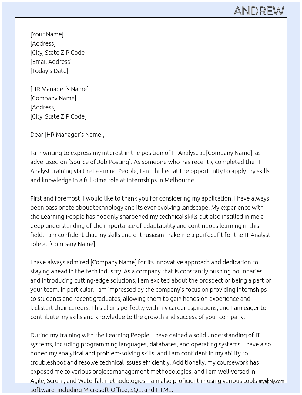 Application of IT skills  At Internships  Cover Letter