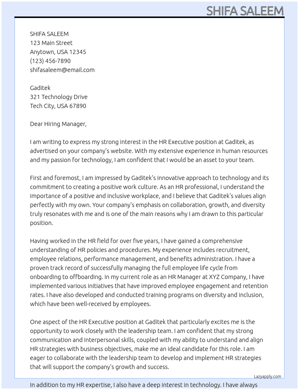 HR Executiver At Gaditek Cover Letter
