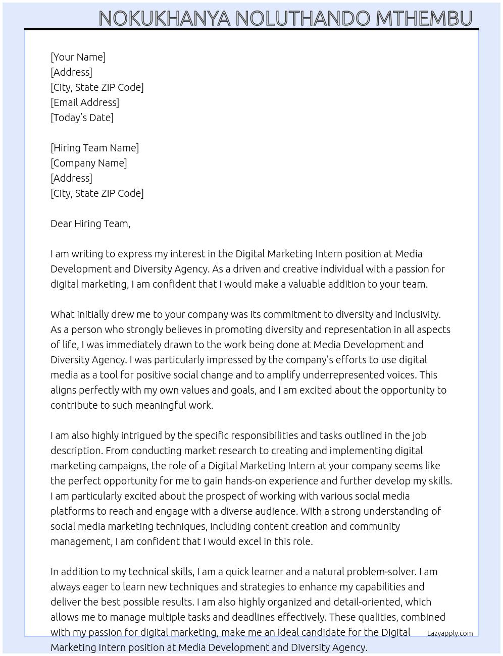 Digital Marketing Intern  At Media Development and Diversity Agency  Cover Letter