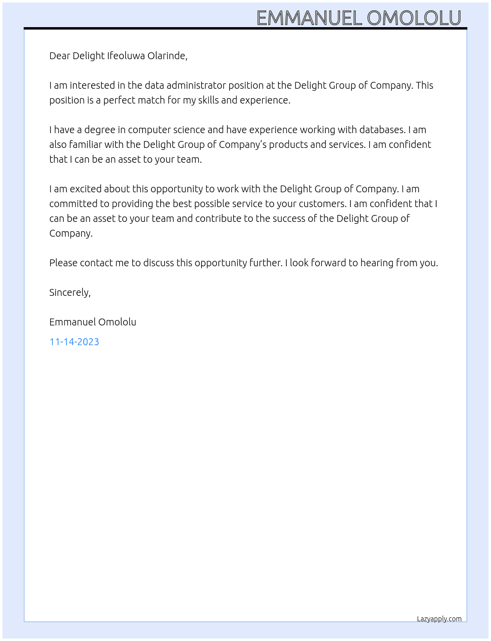 Data Administrator At Delight Group of Company Cover Letter