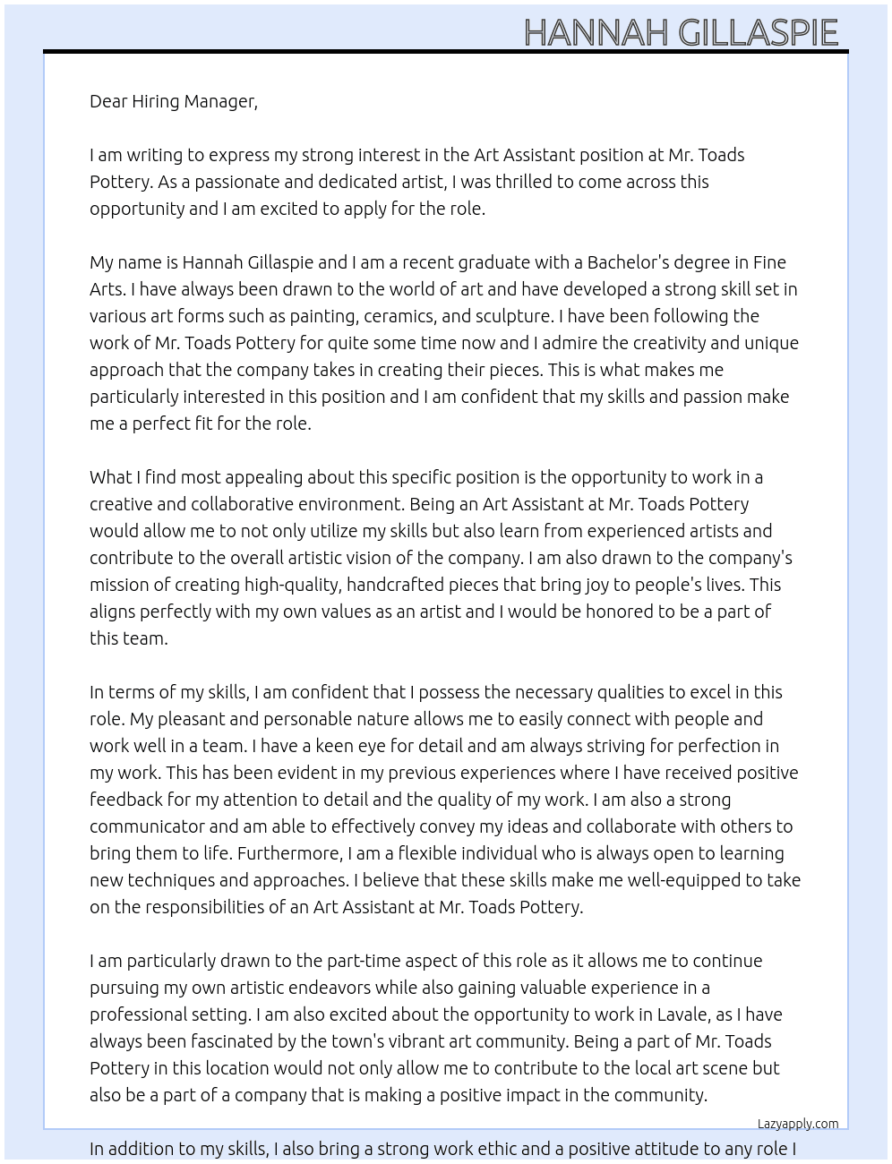 Art Assistant At Mr. Toads Pottery Cover Letter