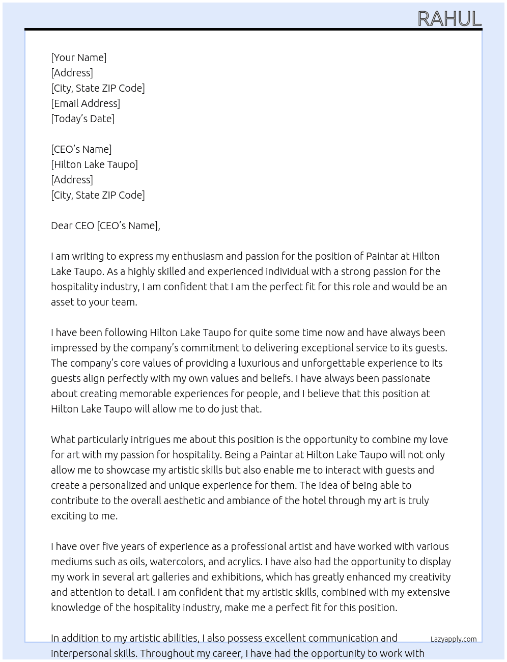 Paintar  At Hilton Lake Taupo  Cover Letter