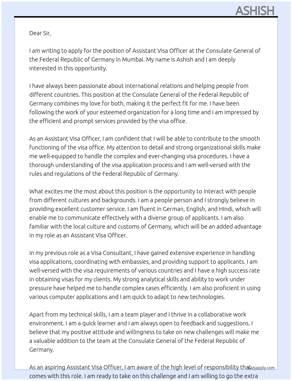 Assistant visa officer  At Consulate General of the Federal Republic of Germany Mumbai Cover Letter