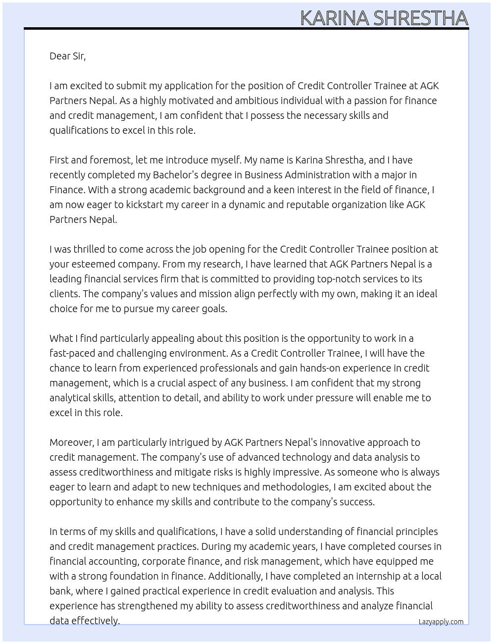 Credit Controller Trainee At AGK Partners Nepal Cover Letter