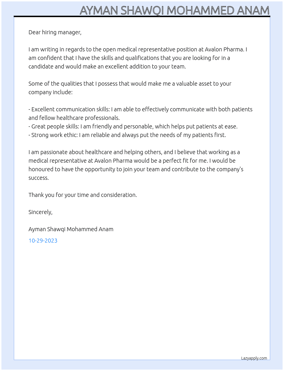 Medical Representative At Avalon Pharma Cover Letter