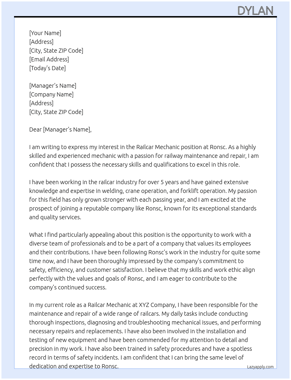 Railcar Mechanic  At Ronsc Cover Letter