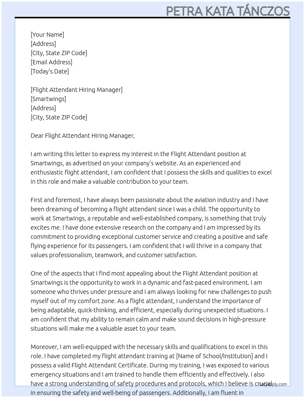 flight attendant At Smartwings Cover Letter