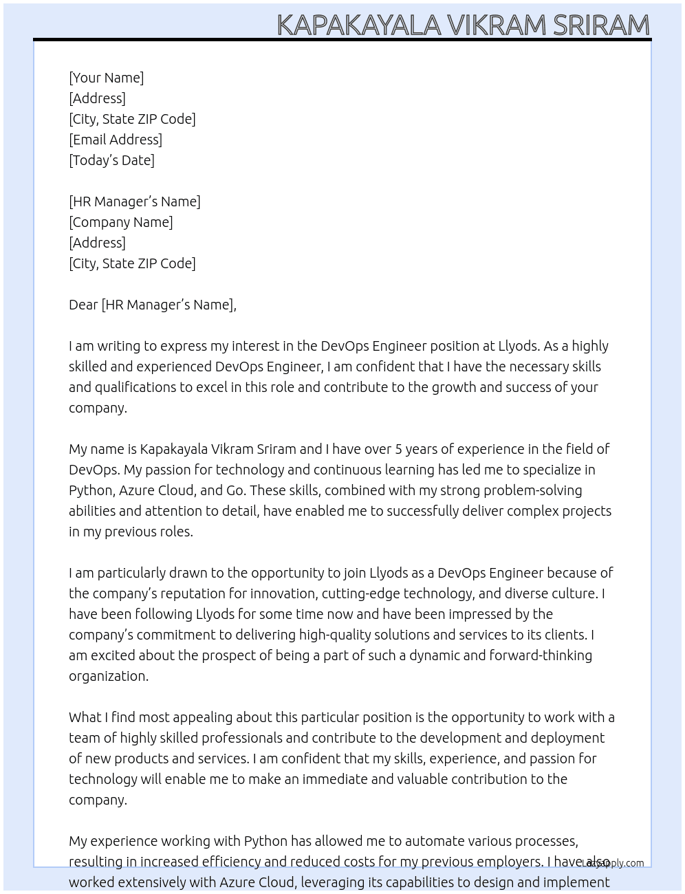 devops engineer At llyods Cover Letter