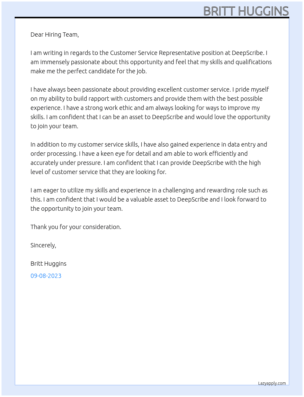 Customer Service Representative At DeepScribe Cover Letter