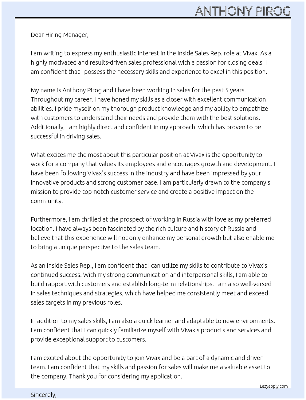 Inside Sales Rep. At Vivax Cover Letter