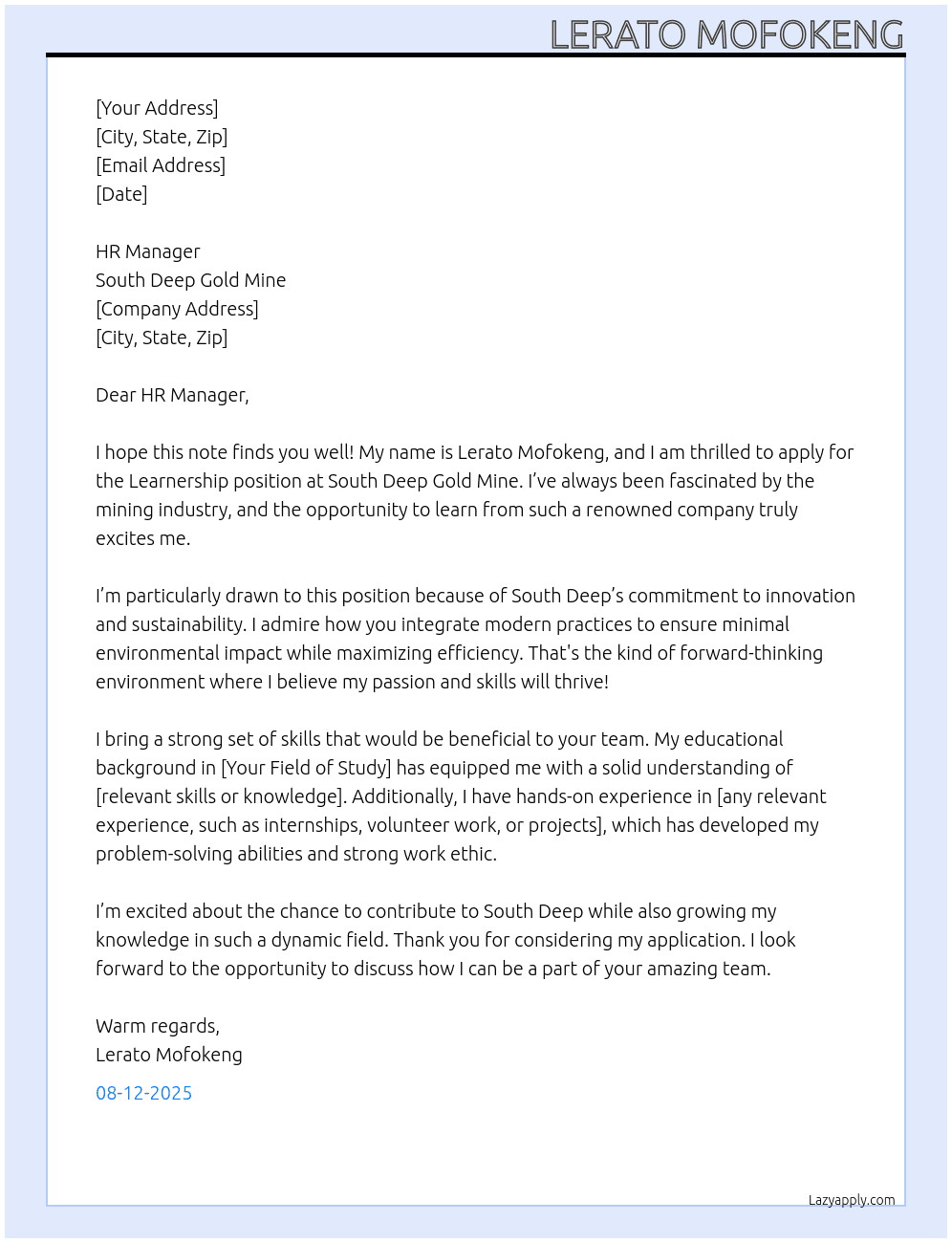 Cover letter for learnership mine - LazyApply