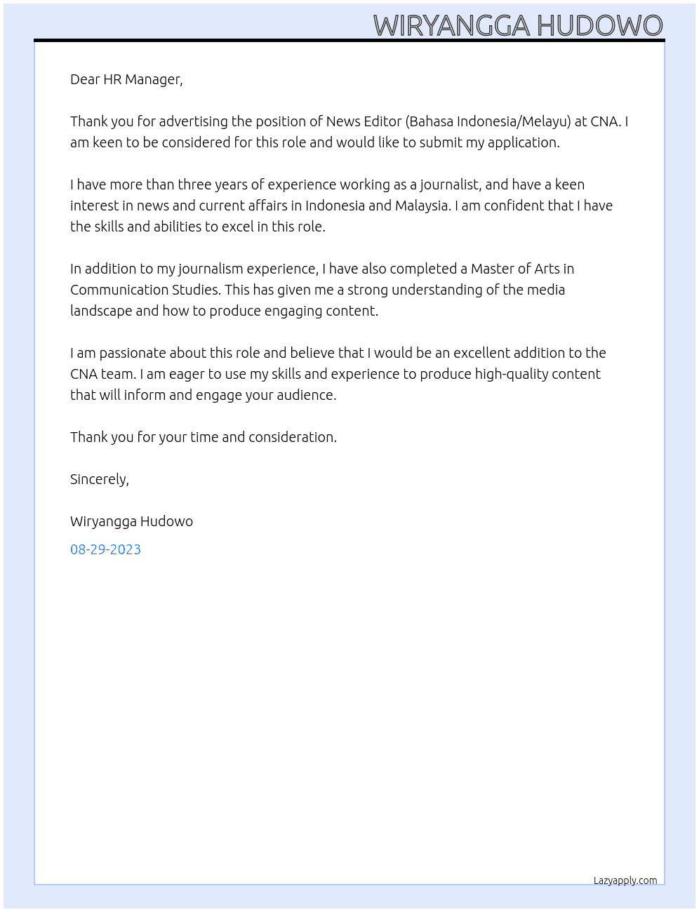 News Editor (Bahasa Indonesia/Melayu) At CNA Cover Letter